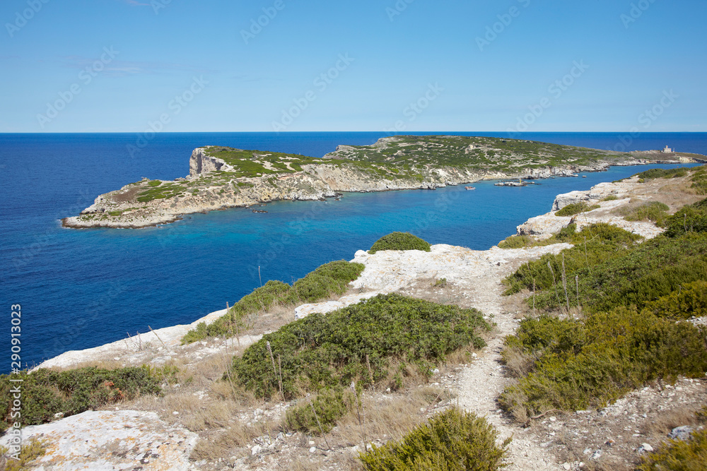 Path, view on Caprara island and lighthouse.