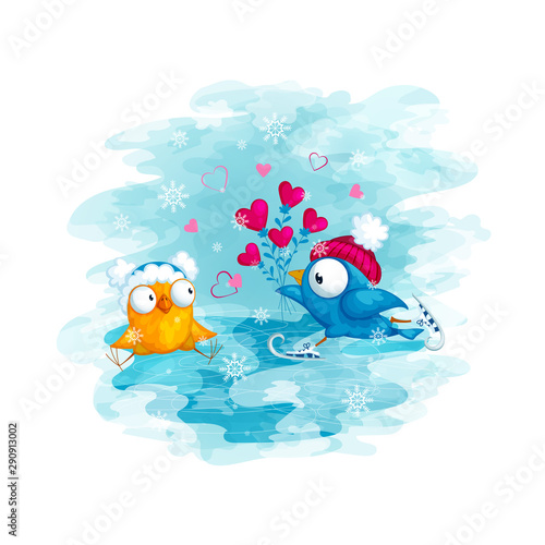 A funny blue bird in a hat rides on skates and gives a bunch of hearts to a cute yellow bird. Vector illustration.