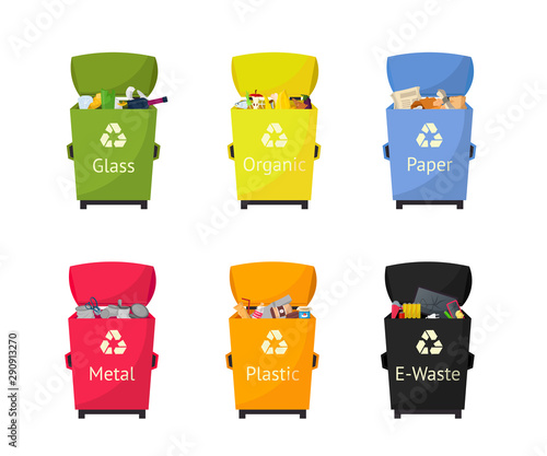 Garbage sorting bins flat vector illustrations set