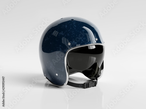 Blue vintage motorbike helmet isolated on white background Mockup 3D rendering