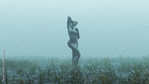 Black Latex Futuristic Abstract Assassin Demon Foggy Watery Void with Reeds and Grass background Front View 3d Illustration 3d render