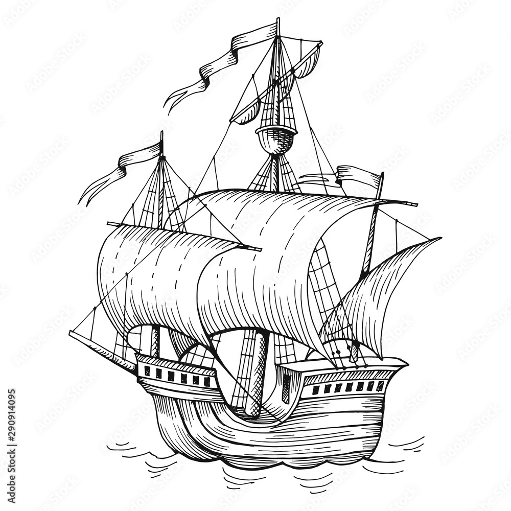 Old caravel, vintage sailboat. Hand drawn sketch vector. Detail of the ...