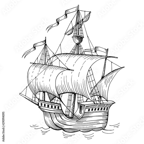 Old caravel, vintage sailboat. Hand drawn sketch vector. Detail of the old geographical or fanasy maps of sea. photo