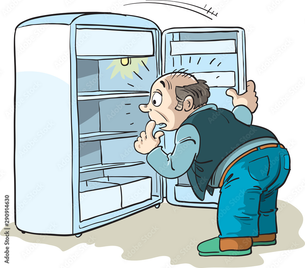 Shocked man looking into empty refrigerator
