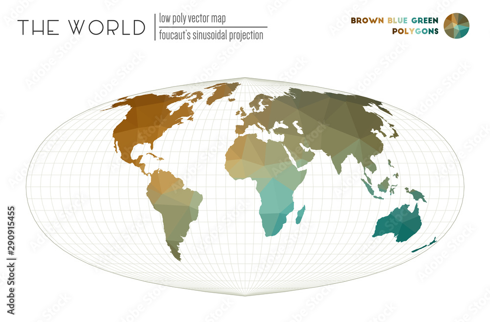 Low poly design of the world. Foucault's sinusoidal projection of the world. Brown, Blue, Green colored polygons. Modern vector illustration. Low poly design of the world. Foucault's sinusoidal projection of the world. Brown, Blue, Green colored polygons. Modern vector illustration.