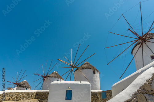 Windmills in Mykonos Town, Greece.