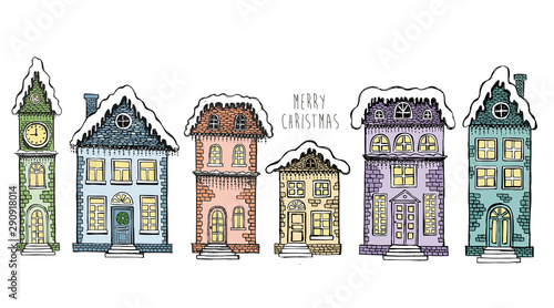 Christmas Greeting card. Illustration of houses. Hand drawn illustration. © oldesign