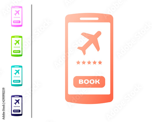 Coral Smartphone with electronic boarding pass airline ticket icon isolated on white background. Passenger plane mobile ticket for web and app. Set color icons. Vector Illustration