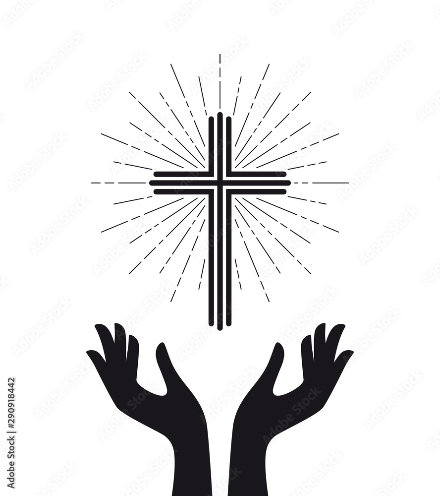 Vector Logo Church, Catholic Christian Glowing Cross With Hands 