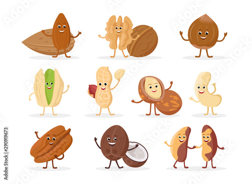 Set of funny nuts cartoon characters smiling with hands and legs isolated on white background. Cheerful nuts mascots in flat design.