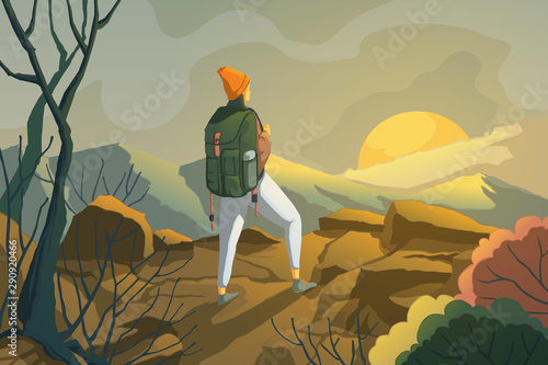 Woman with backpack enjoying sunset or sunrise on peak of mountain. Young girl traveler hiking outdoors. Autumn landscape. Vector illustration
