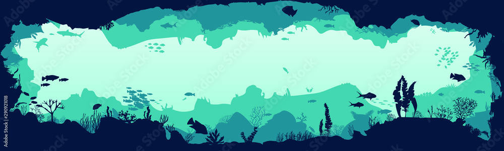 Silhouette of fish and algae on the background of reefs. Underwater ocean scene. Deep blue water, coral reef and underwater plants. a beautiful underwater scene; a vector seascape with reef. Silhouette of fish and algae on the background of reefs. Underwater ocean scene. Deep blue water, coral reef and underwater plants. a beautiful underwater scene; a vector seascape with reef.
