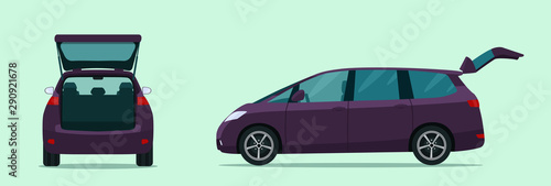 Minivan car with open boot. Side and back view. Vector flat style illustration.