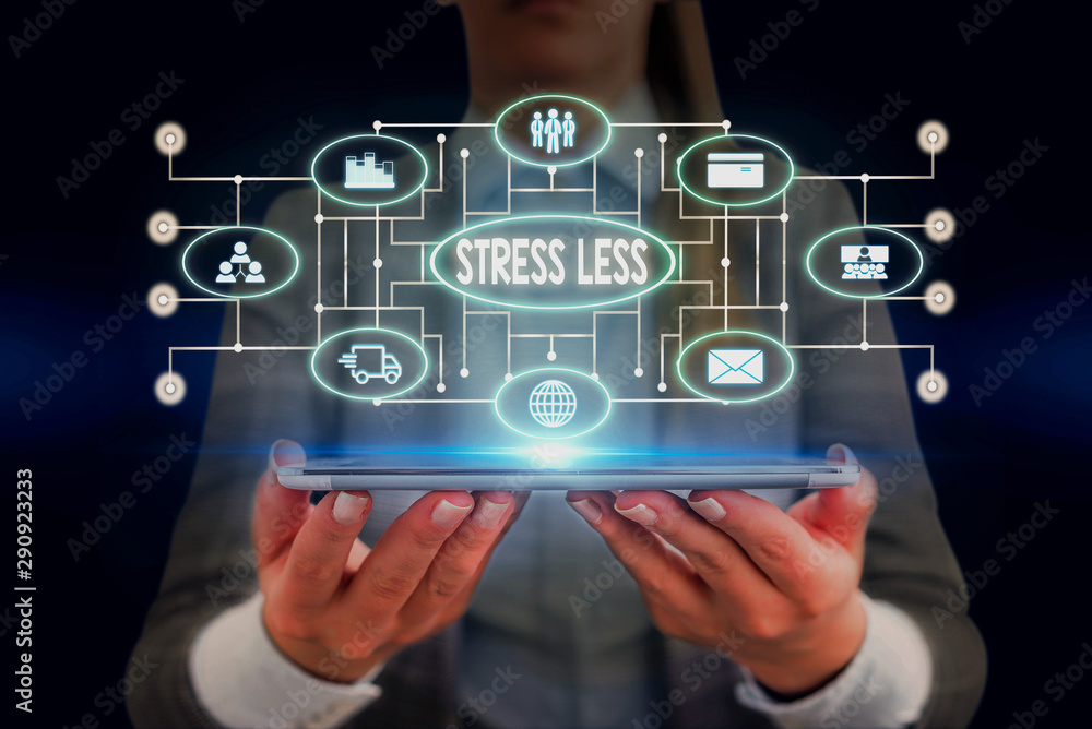 Text sign showing Stress Less. Business photo showcasing Stay away from problems Go out Unwind Meditate Indulge Oneself Woman wear formal work suit presenting presentation using smart device Text sign showing Stress Less. Business photo showcasing Stay away from problems Go out Unwind Meditate Indulge Oneself Woman wear formal work suit presenting presentation using smart device