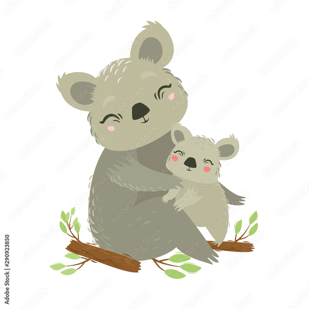 Obraz Vector illustration of animals. Koala mom and baby. Lovely hug. Mother's love. Wild bear. Marsupial animal