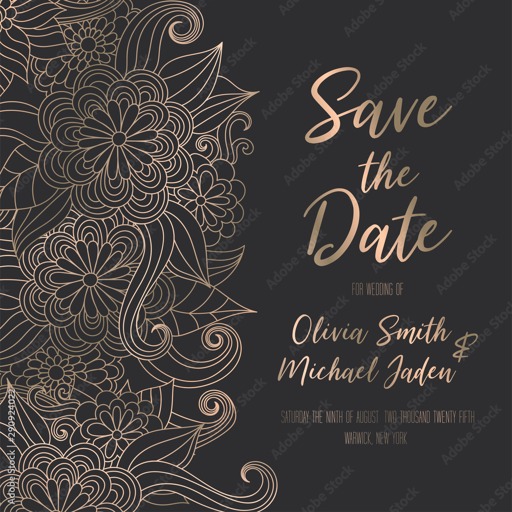 Wedding invitation with gold flower.