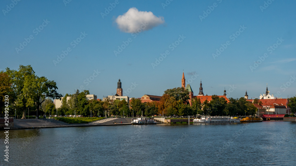 Wroclaw, Poland. Panorama of Old Town. Odra or Oder river with boats. Wroclaw, Poland. Panorama of Old Town. Odra or Oder river with boats.