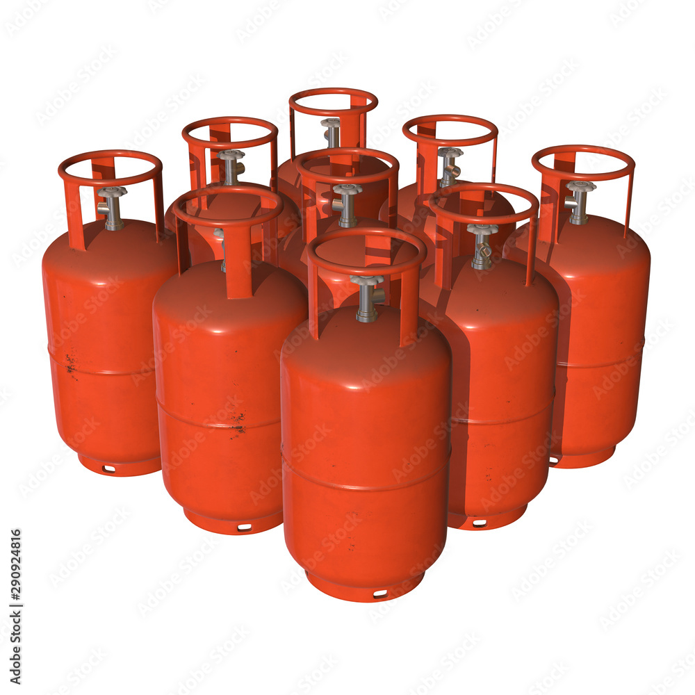 Gas cylinder lpg tank gas-bottle. Propane gas-cylinder balloon. Cylindrical container with liquefied compressed gases with high pressure and valves 3d render isolated on white background Gas cylinder lpg tank gas-bottle. Propane gas-cylinder balloon. Cylindrical container with liquefied compressed gases with high pressure and valves 3d render isolated on white background