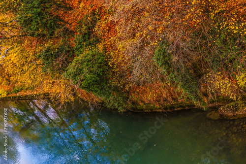 Colorful autumn. Alley along the riverbank on the background of the autumn park. Reflections in the water of the forest and blue sky.