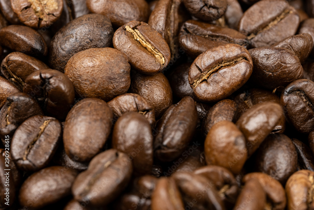 Fototapeta premium Roasted coffee beans background, Close Up mixture of different kinds of coffee beans.