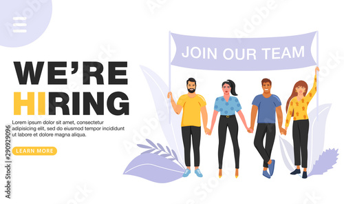 We are hiring concept. Recruitment agency. Group of people holding a flag with join our team word. Landing page template. Vector illustration.