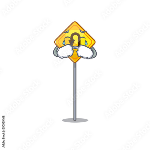Crying u turn sign with a mascot