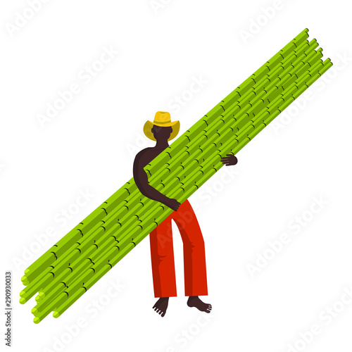 Muscular black gay is harvesting sugarcane manually. Agricultural work on the farm. Cuban, Indian, Brazilian or African man. Flat cartoon vector style. Isolated character on white background.