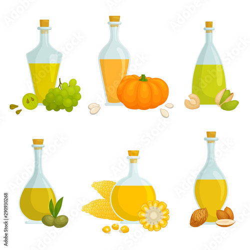 A set of oils in bottles of different shapes. Compositions with products and oils in glass jars. Vector illustration isolated on white background. Still lifes.