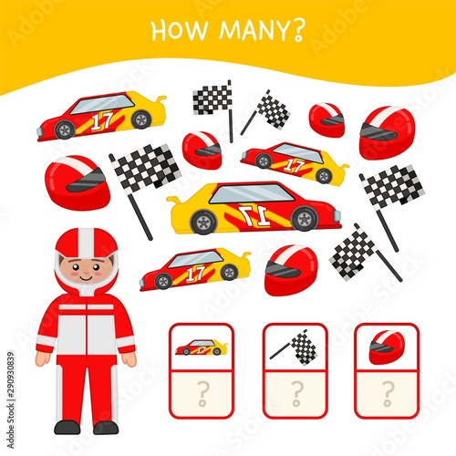Counting educational children game, math kids activity sheet. How many objects task. Cartoon race driver and equipment