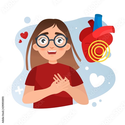 Vector illustration of a cute girl in glasses holding on to a heart. The concept of heart disease. Heart attack.
