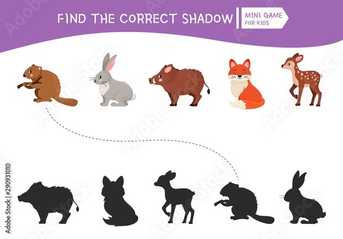 Educational  game for children. Find the right shadow. Kids activity with cute cartoon forest animals.