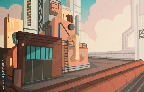 Industrial landscape with modern factory building and warehouse. industry zone with sunrise and cloudy sky. Vector illustration