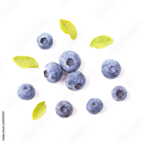 Blueberries with leaves isolated on white background, top view