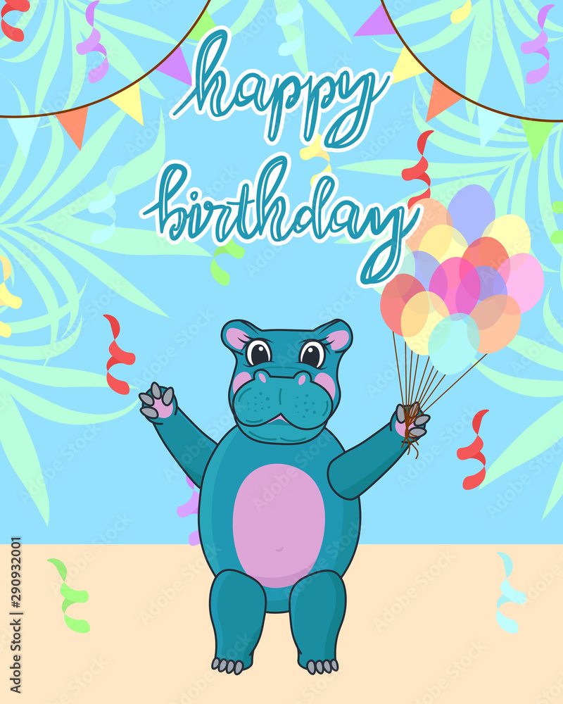 Naklejka premium baby hippo birthday card, cute birthday greeting card with african hippo, colorful balloons and background, editable vector illustration