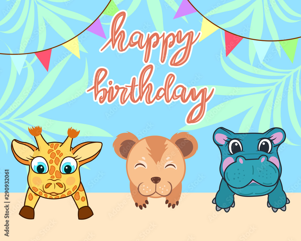 baby animals birthday card, cute birthday greeting card with african lion, hippo, giraffe on colorful background, editable vector illustration Stock Vector | Adobe Stock baby animals birthday card, cute birthday greeting card with african lion, hippo, giraffe on colorful background, editable vector illustration Stock Vector | Adobe Stock