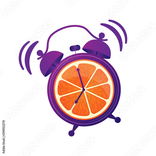 Good morning. Energetic, vitamin morning. The alarm clock is ringing to wake up in the morning.  Cheerfulness in the morning. Alarm  clock with oranges. Wake up, time for Breakfast. Vector icon alarm.