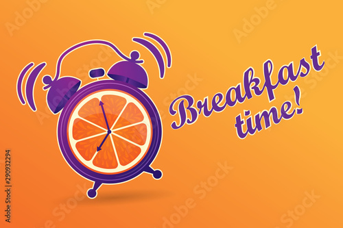 Breakfast time. Wake up! Good morning. Good start to the working day. Orange juice for Breakfast. Energetic, vitamin morning. The alarm clock rings to Wake up in the morning. Alarm clock with orange.