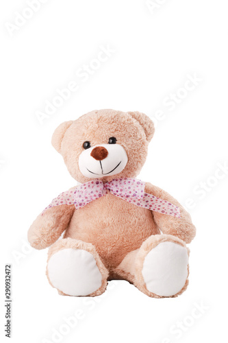 Lovely brown cloth bear sitting down on white background. Lovely, adorable toy with spot neck bow tie