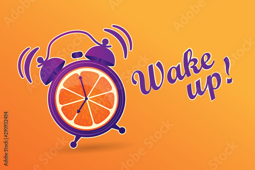 Wake up! Good morning. Good start to the day. Oranges juice for breakfast. Energetic, vitamin morning. The alarm clock rings to wake up in the morning. Cheerfulness for the whole day. Alarm clock with