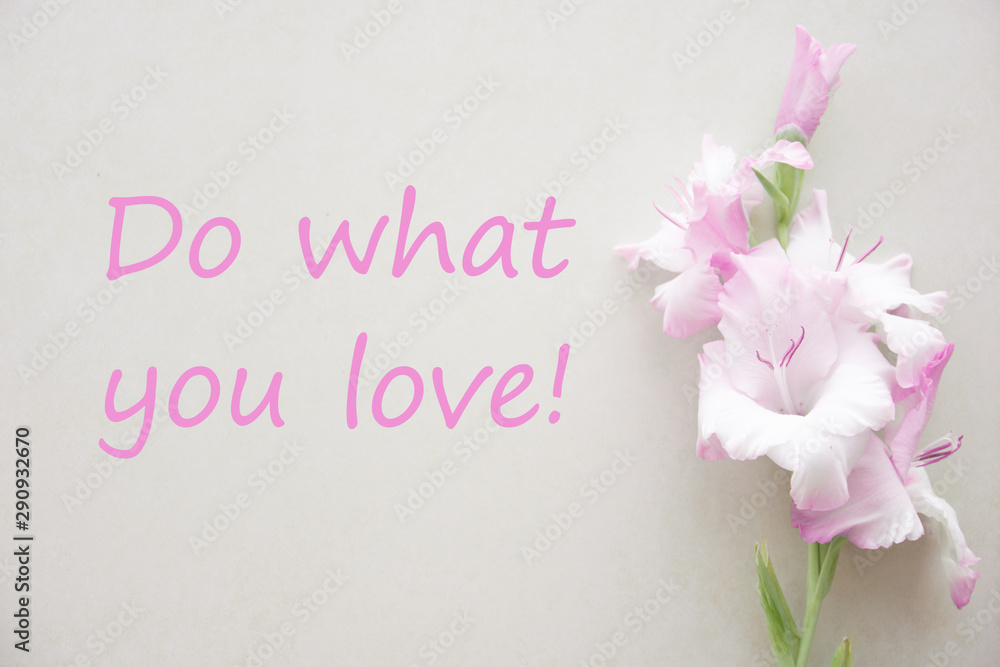 Do what you love - Motivational and inspirational quotes Postcard with pink gladiolus Do what you love - Motivational and inspirational quotes Postcard with pink gladiolus