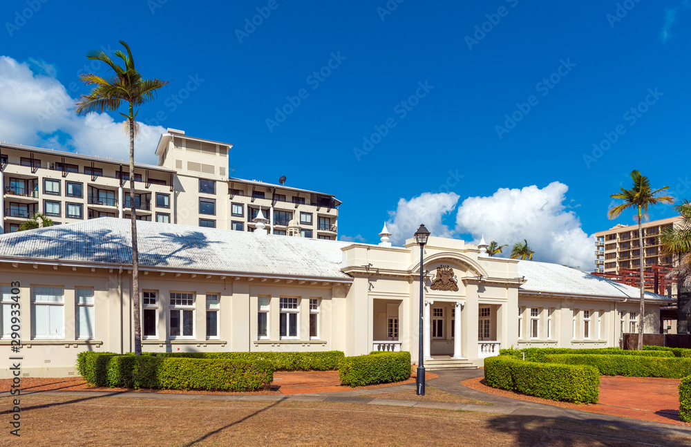 Fototapeta premium View of the building in the city center, Cairns, Australia. Copy space for text.
