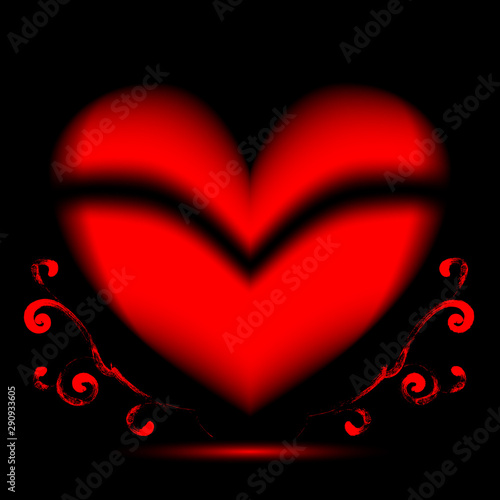 red heart on a black background and growing curlicues