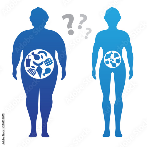 Man before and after diet and fitness. Weight loss concept. Fat and thin man. Healthy and unhealthy food. 