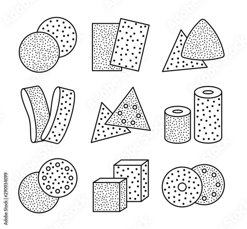 Sandpaper sheets, discs, rolls, triangles. Black & white vector illustration of sanding abrasive paper. Line icon set of glasspapers with assorted grit texture