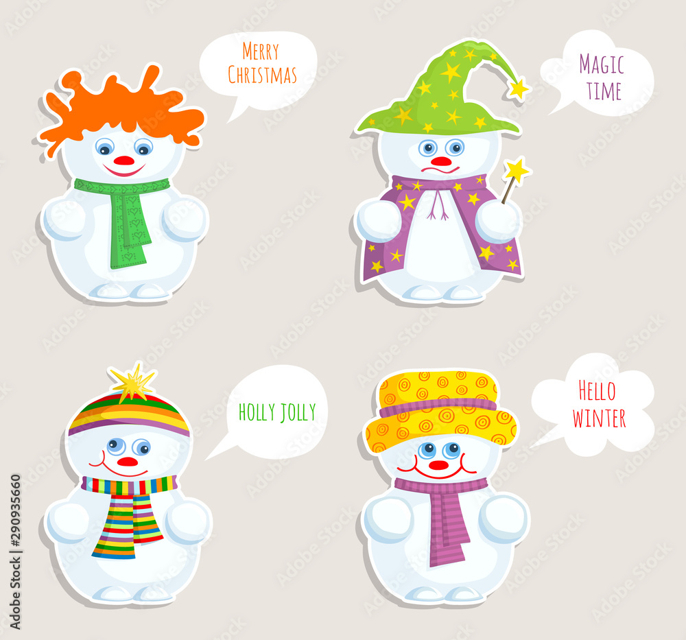 Set of snowmen stickers. Cute characters with different emotions isolated on white background. Templates for Christmas and New Year. Vector illustration.