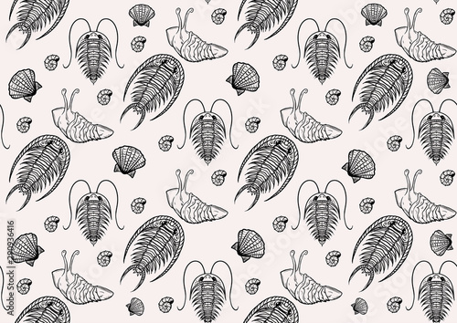 Seamless black and white pattern with trilobites, hand-drawn