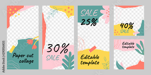 Set of editable template for social media posts and stories in paper cut collage design. Trendy design backgrounds with flower and chalk line. Fashion and lifestyle blog template, vector Illustration.