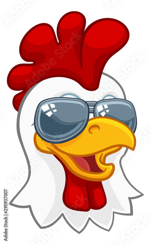 A chicken rooster cockerel bird cartoon character in cool shades or sunglasses