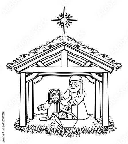 A Christmas nativity scene coloring cartoon, with baby Jesus, Mary and Joseph in the manger and star above. Christian religious illustration.