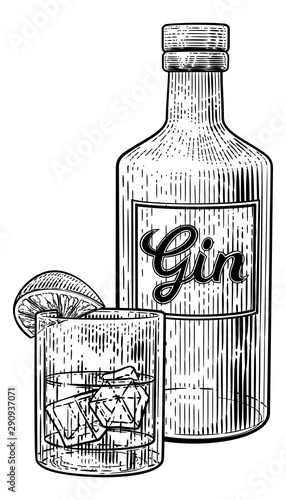 Gin cocktail drink in a glass with ice and lime or lemon accompanied by a bottle in a vintage woodcut etched or engraved style. Possibly a G and T also known as a Gin and Tonic
